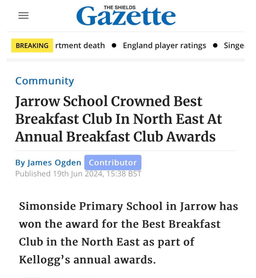 Kate Osborne (@kateosbornemp) on Twitter photo Congratulations to <a href="/simonsideschool/">Simonside Primary</a> for winning Best Breakfast Club in the North East at the Annual Breakfast Club awards
What a huge achievement for all involved
<a href="/UKLabour/">The Labour Party</a> will introduce much needed free breakfast clubs to all primary schools in Jarrow and Gateshead East Congratulations to <a href="/simonsideschool/">Simonside Primary</a> for winning Best Breakfast Club in the North East at the Annual Breakfast Club awards
What a huge achievement for all involved
<a href="/UKLabour/">The Labour Party</a> will introduce much needed free breakfast clubs to all primary schools in Jarrow and Gateshead East
