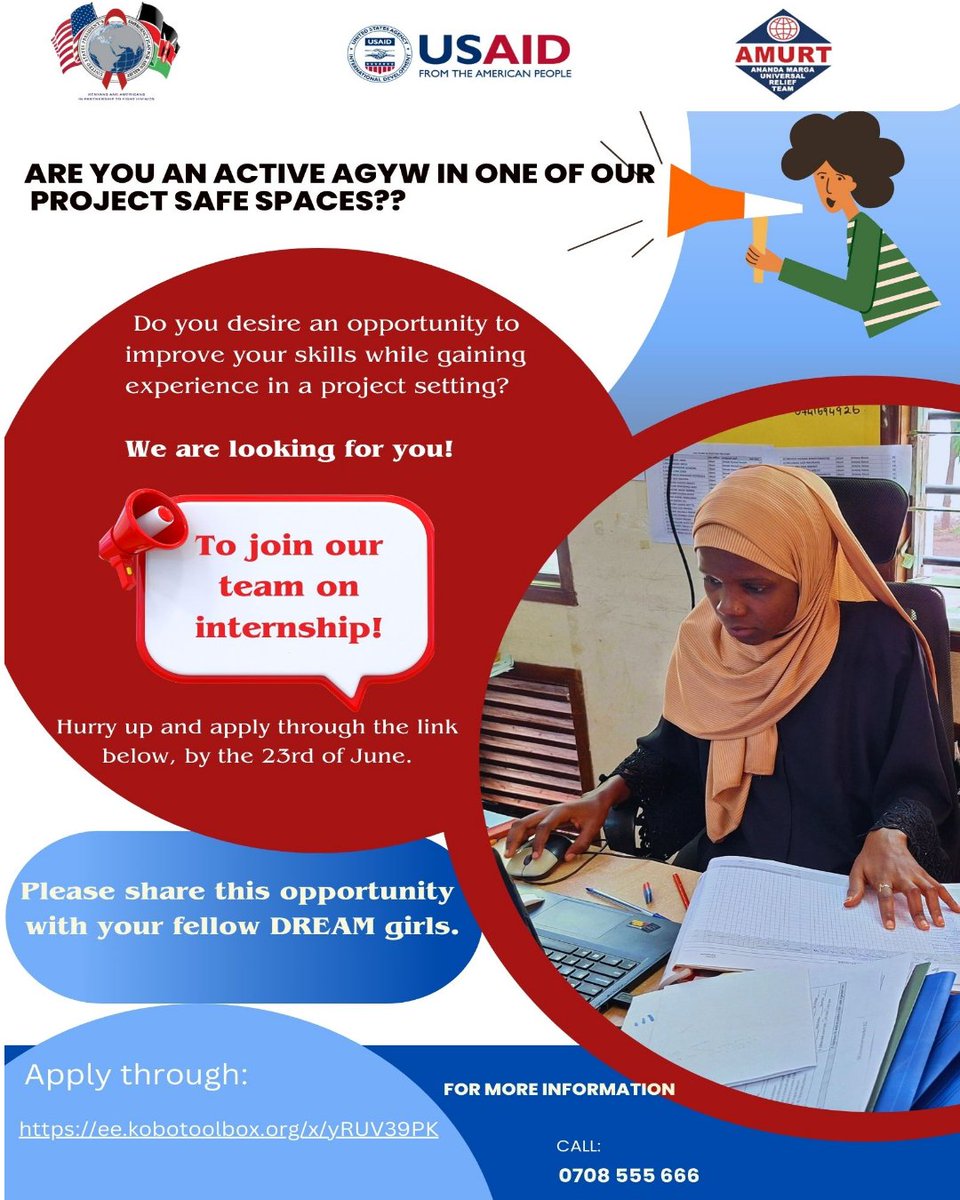 We got an exciting internship opportunity for active DREAMS girls in USAID Tujitegemee. Are you the one we are looking for?
Hurry and apply at ee.kobotoolbox.org/x/RJY8nqUF 
#opportunities #womenempowerment