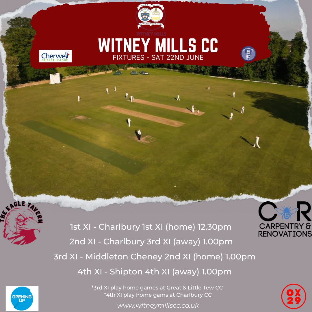 Witney Mills C.C (@witneymillscc) on Twitter photo Week 7 <a href="/Cherwellcricket/">Cherwell Cricket League</a> fixtures incoming. The sun is going to be shining and it will be considerably warmer than last Sat! Good luck to all who are playing. The 1st XI are at Newland this week and the bar will be open all day. Week 7 <a href="/Cherwellcricket/">Cherwell Cricket League</a> fixtures incoming. The sun is going to be shining and it will be considerably warmer than last Sat! Good luck to all who are playing. The 1st XI are at Newland this week and the bar will be open all day.