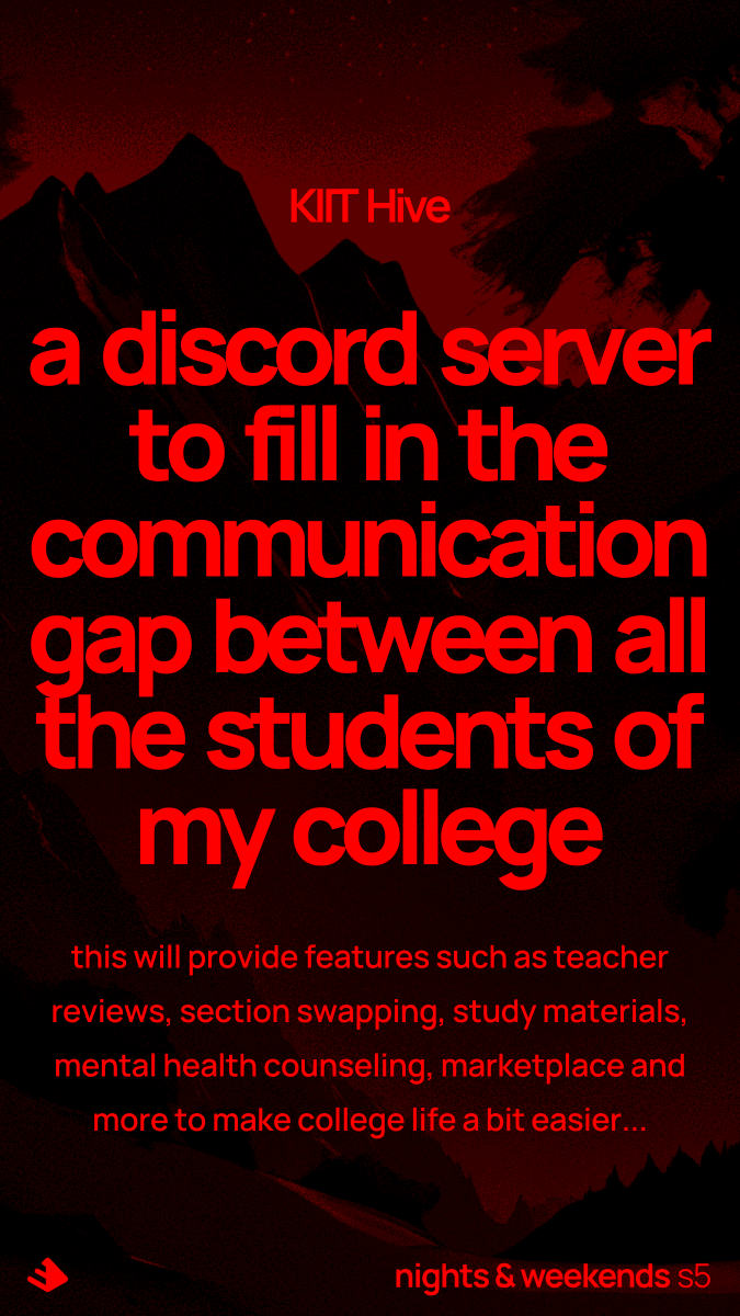 infinitepov13's tweet photo. imagine this: a discord server that brings together your entire college community - friends, juniors, and seniors - in one vibrant space to chat and collaborate..

lemme know if you have any suggestions!

its gonna be so fun..lfgoooo!!

@_buildspace @_nightsweekends @FarzaTV https://t.co/viji0llGlB