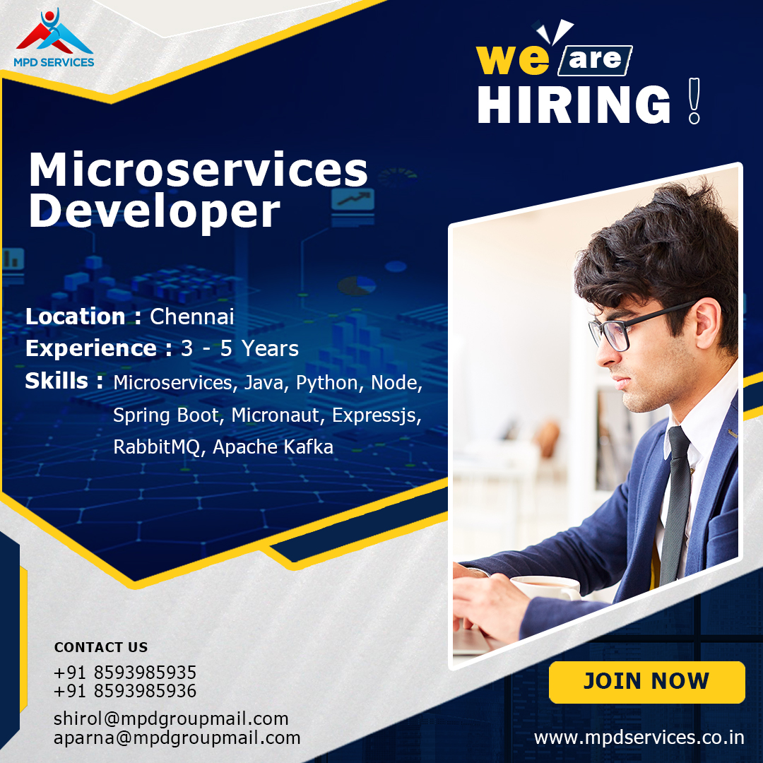 MPDSERVICES's tweet image. Join our team in Chennai as a Microservices Developer! We are looking for candidates with 3-5 years of experience
If you have the expertise and passion for Microservices development, we want to hear from you!
Apply now
mpdservices.co.in/jobs/microserv…
#MicroservicesDeveloper #ChennaiJobs