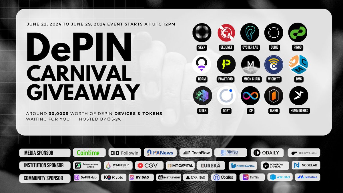 SkyX_Network's tweet photo. 🌞DePIN Summer is about to come🌞
Join our #DePINCarnival event to Follow and Rt to
WIN 10,000$ of DePIN Devices/Tokens/NFTs

🔥Start here at 6/22 UTC 12PM🔥
https://t.co/0uOboqy5Qx
👆👆👆👆👆👆👆👆👆

🔥Check what you can GET🔥
https://t.co/tQLNGKc77Z

More Details:
https://t.co/2vCcikO63f

👇👇👇👇👇👇👇👇👇
You can get abundant prize from
@skyx_network @weRoamxyz @geodnet 
@wicrypt @Moonchain_com
@iotex_io @CudisWellness @PowerPod_People @datamallcoin @oysterecosystem @oortech @PinGo_AI @iapro_ai @dfinity

Also thanks for our Supporters

📰Media Support：
@Cointime_global @followin_io 
@PANewsCN @TechFlowPost @BlockBeatsAsia @OdailyChina

💎Institution Support：
@fmgroupxyz @waterdripfund @CGVFOF @mtcap_crypto @eureka_partners @norcap @NodeLab_

🫂Community Support：
@hotspotty @KORypto_JUN @bydao_cn @MetaEventx @1783Dao @talk99 @OurTinTinLand @W3CDAO_123 @metatree_

For more questions Join to ask
https://t.co/gGIccM03m0