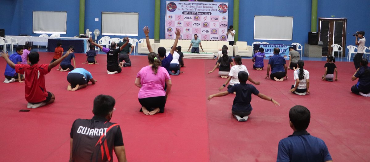 gsttatt's tweet photo. State paddlers celebrate 10th International Yoga Day by performing yogasan on the second day (21st June, 2024) of the 3rd Gujarat State Ranking Table Tennis Tournament 2024 at the Tapti Valley International School, Surat

@sagofficialpage @pramodchaudhary @CMOGuj @sanghaviharsh https://t.co/NvbCn5qV0Z