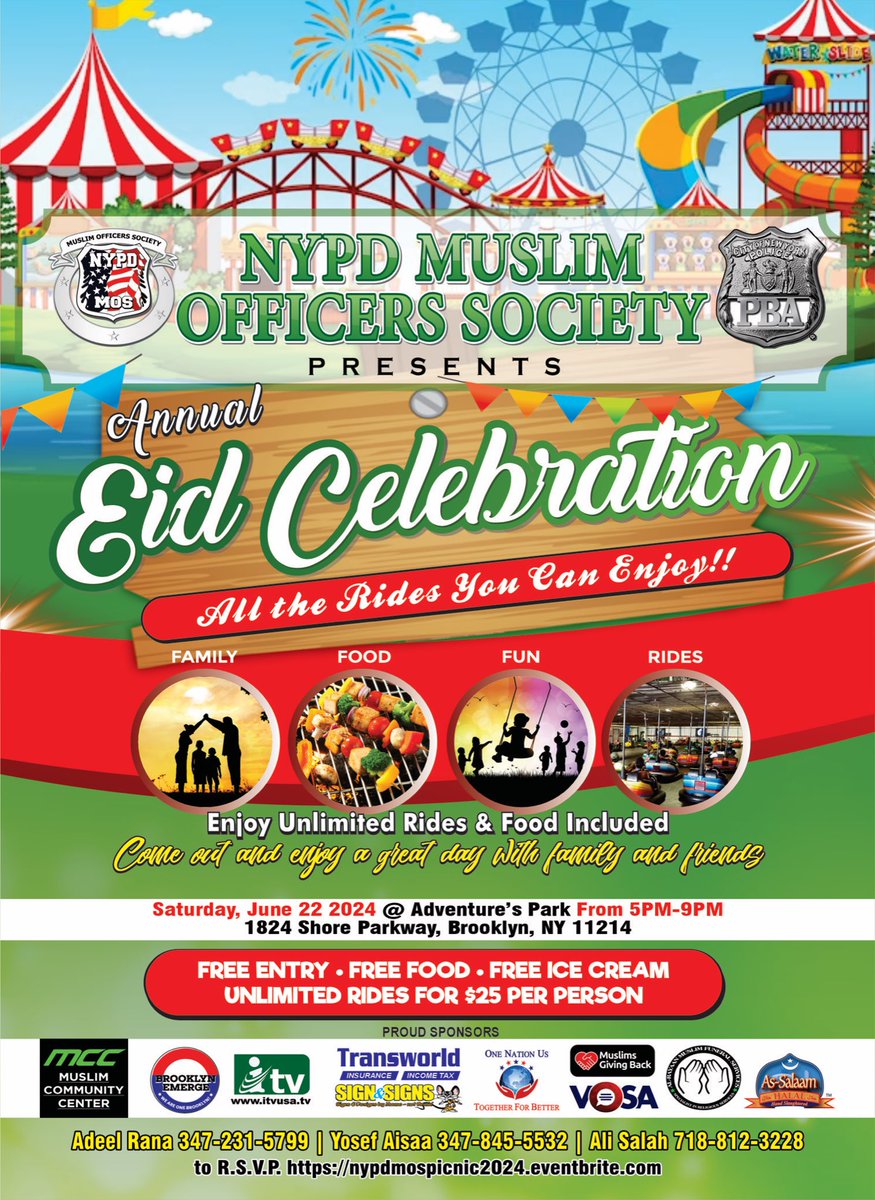 NYPDMuslim's tweet photo. Join us Saturday, 6/22/24 from 5pm-9pm for the annual family #Eid Celebration &amp; Picnic with unlimited rides, lots of food &amp; activities for the kids including #NYPD #RockWall #K9 #ESU #Mounted #HWYMotorcycle #EidAlAdha2024

Adventurers Amusement Park
1824 Shore Pkwy
#Brooklyn, NY https://t.co/PSK595f5xp