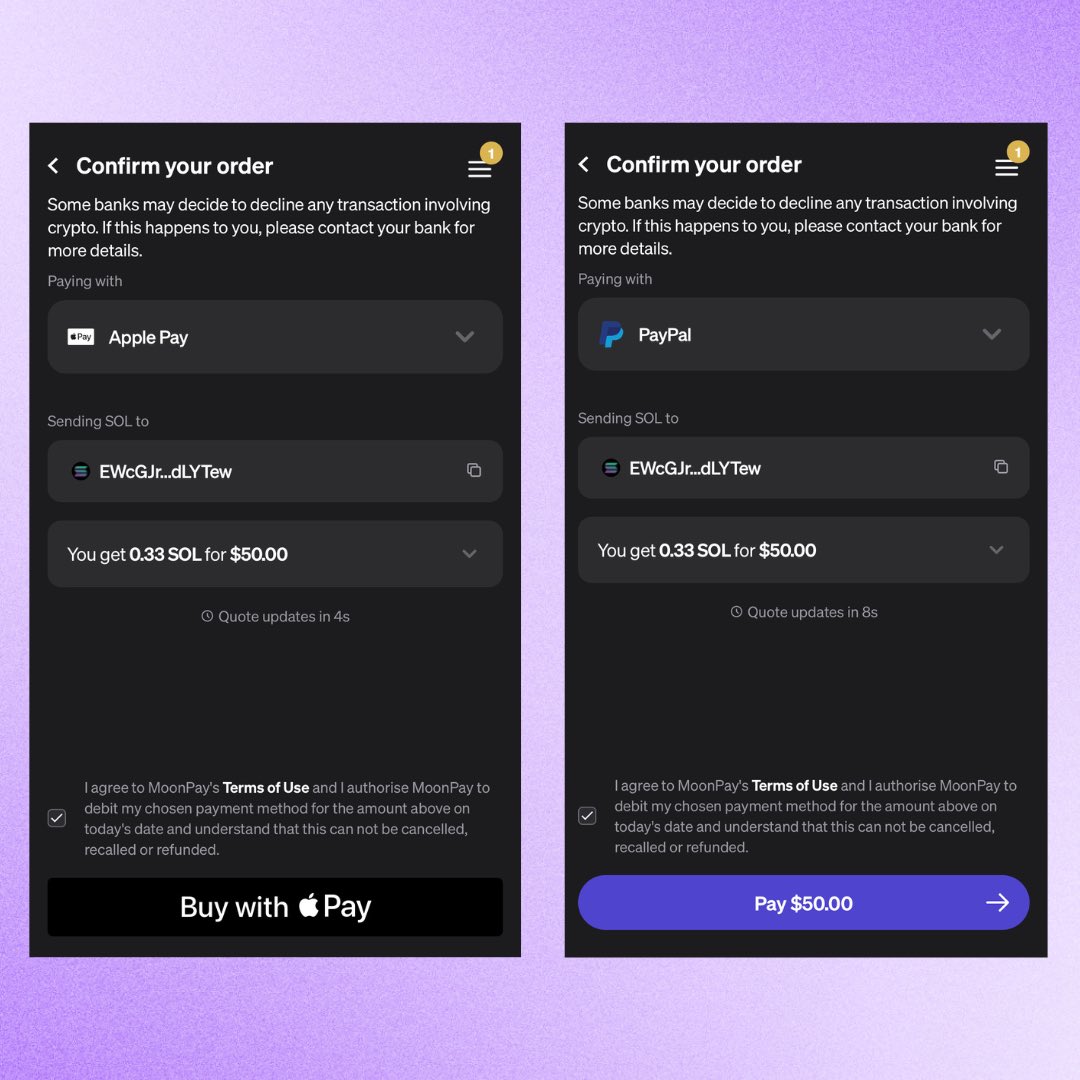 Happy to report that Apple Pay and PayPal both work as smooth payment  options for adding SOL on Phantom.