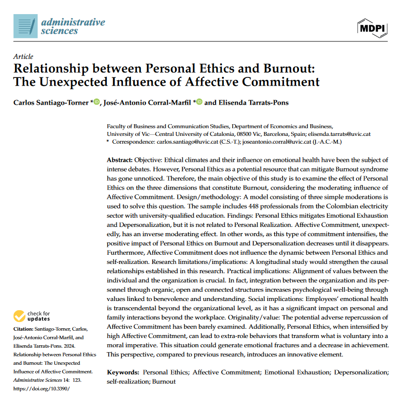 AdmSci_MDPI's tweet photo. 🔍How do personal ethics and affective commitment influence burnout? Our study reveals surprising insights into their impact on emotional exhaustion among professionals in Colombia's electricity sector.#MentalHealth #AffectiveCommitment #WorkplaceWellbeing
https://t.co/VUa9H1B8H7 https://t.co/ox4Ykq7zdt