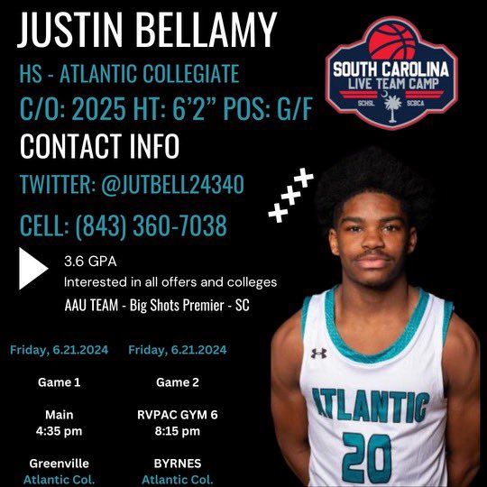Justin Bellamy (@justinbellamy25) on Twitter photo Check me out this weekend <a href="/SCBCA/">South Carolina Basketball Coaches Association</a> Live Event @
North Augusta, SC River View Park Athletics Center. Guard with leadership skills, 3 Point shooter & a well defender -6'2| GPA 3.6 l class 2025| bellamyjustin24@gmail.com| #basketball #combogaurd #ACAbasketball Check me out this weekend <a href="/SCBCA/">South Carolina Basketball Coaches Association</a> Live Event @
North Augusta, SC River View Park Athletics Center. Guard with leadership skills, 3 Point shooter & a well defender -6'2| GPA 3.6 l class 2025| bellamyjustin24@gmail.com| #basketball #combogaurd #ACAbasketball