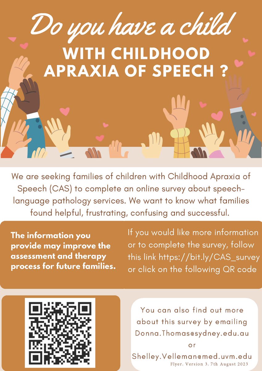 Hello parents and carers of children with childhood apraxia of speech (CAS), 
Here is a rare opportunity to share *your* thoughts on speech pathology for your child (or children!)
📣 Complete the survey: sydney.au1.qualtrics.com/jfe/form/SV_bp…
📣 Please share widely! Thanks SLPs and families.
