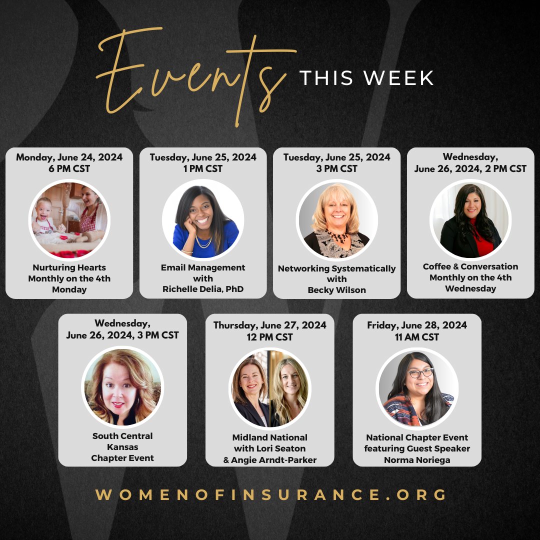wmnofinsurance's tweet image. Mark your calendar for this week&apos;s training and events!

ACTIVE TRAINING MEMBERSHIP OR CHAPTER MEMBERSHIP IS REQUIRED TO ATTEND.

Visit womenofinsurance.org/membership to subscribe or apply for access.

#womenofinsurance #professionaldevelopment #recurringevents #chapterevent