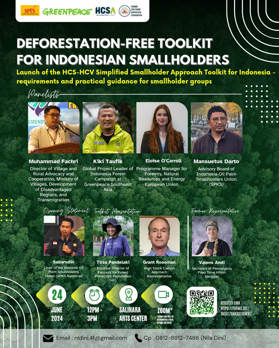 Peluncuran Pendekatan Toolkit SKT-NKT yang disederhanakan bagi petani kecil di Indonesia. 

Launch of the HCS-HCV Simplified Smallholders Approach Toolkit for Indonesia.

Link registrasi:
forms.gle/DKqV176nKbxeXU…
Link zoom akan dikirimkan 2 hari sebelum acara.