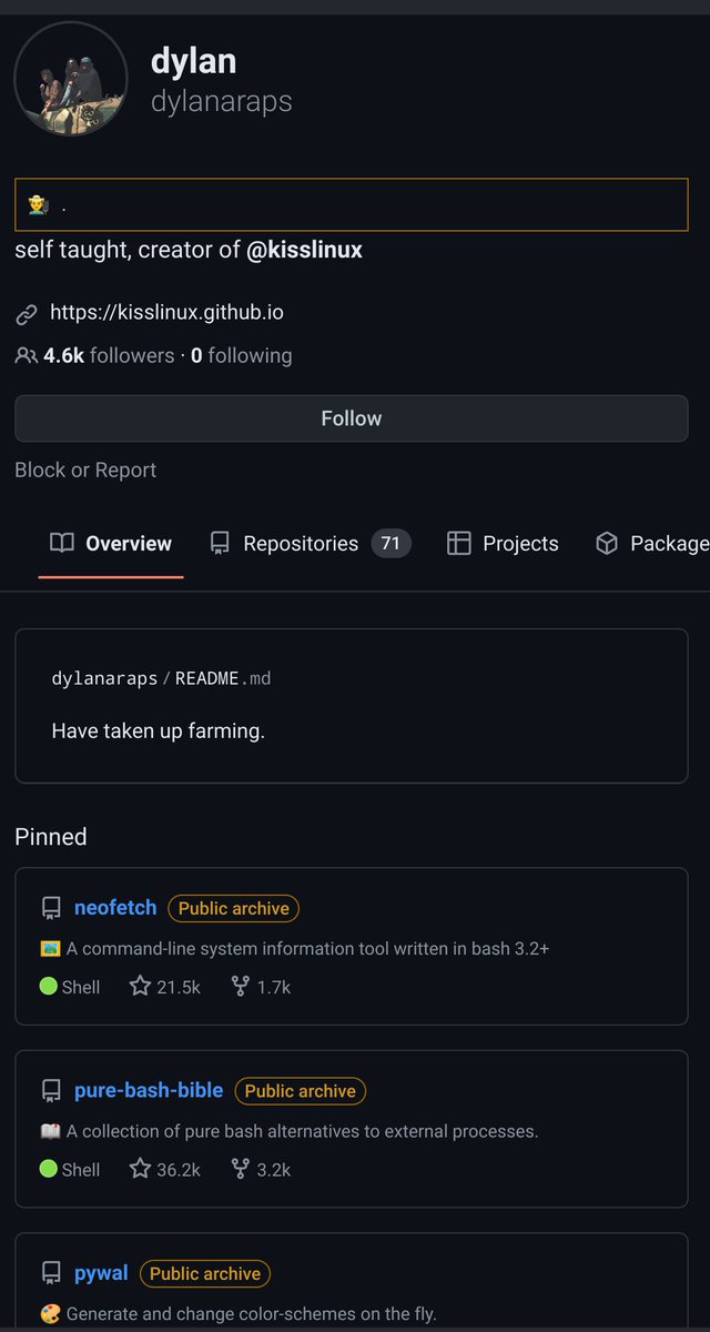 b3nsh4's tweet image. Creator of neofetch, pywal and more,  archived those  repos.  "Have taken up farming?"