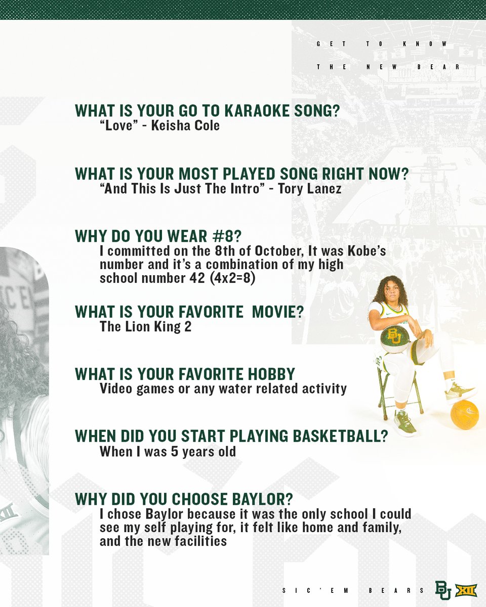 Get to know one of our newest Bears! 🐻

8⃣<a href="/KaylaNelms1/">Kayla Nelms</a>

#SicEm | #GreaterThan