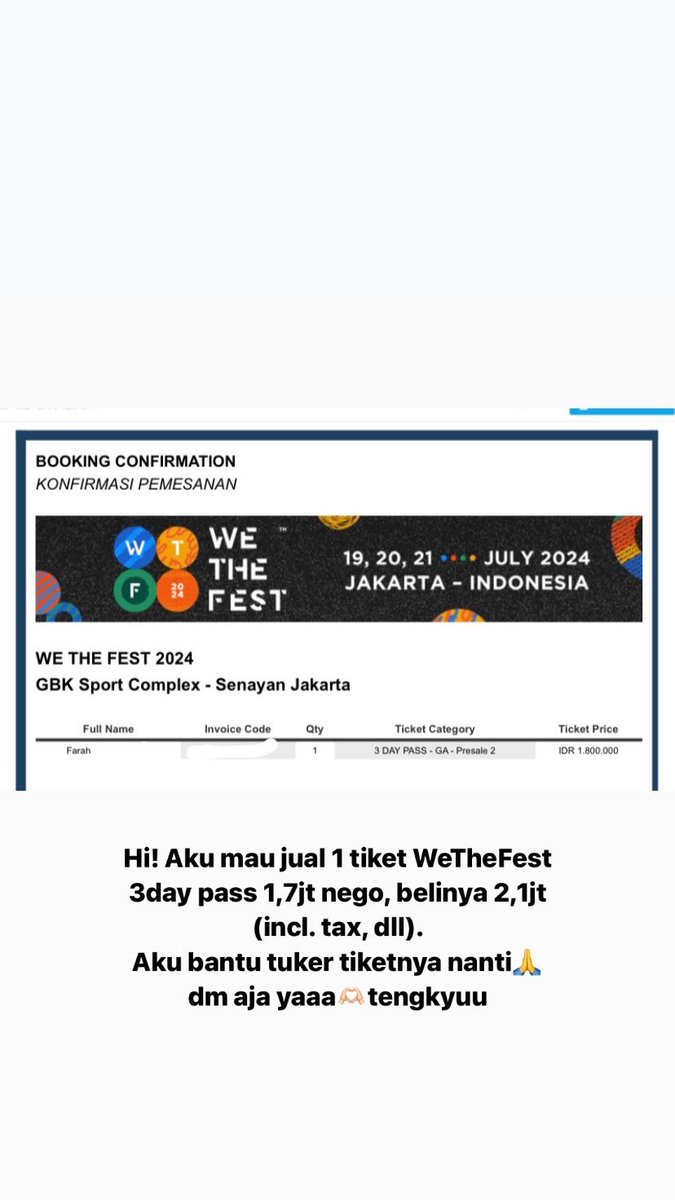 cumanumpangjbjb's tweet image. HALO AKU MAU JUAL 1 TIKET WTF WETHEFEST WE THE FEST 2024 3 DAY PASS. JUAL 1,7JT AJAAA NEGO BOLEEH. BELINYA 2,1JT. BISA COD TANGSEL/JAKSEL YAAA #wtf2024 #wethefest #ismaya #wethefest2024 #turnstile #xg #jbalvin