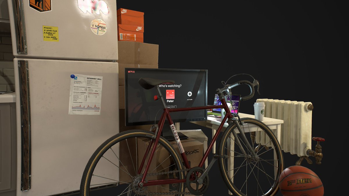JosephNejat's tweet photo. Couple of more props into my test scene. A lonely peter parker without MJ Netflix account on monitor prop,  an landlord special heater, painter over coats of white paint.
 @marmosetco  
@AdskMaya
@MarvelStudios https://t.co/JwlWHHW5ug