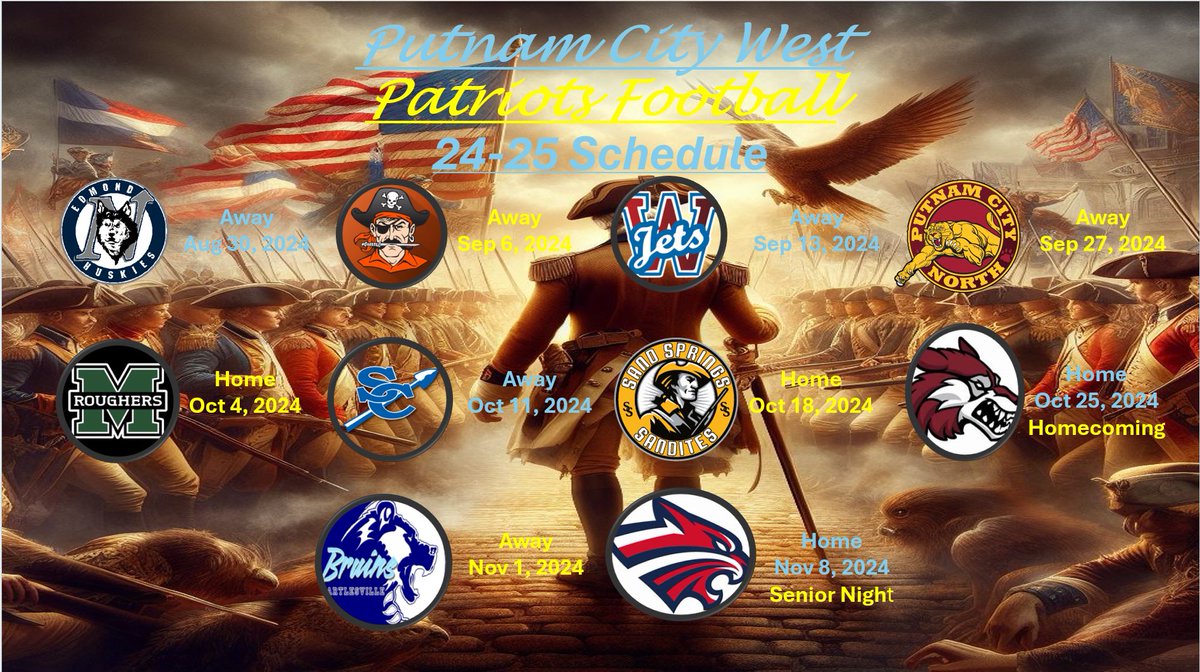 The 24-25 PC West Patriot Football schedule is here! The current summer has been filled with tremendous positives and we are looking forward to continue that success when the season starts! Come out and support your Patriots for an exciting new season!