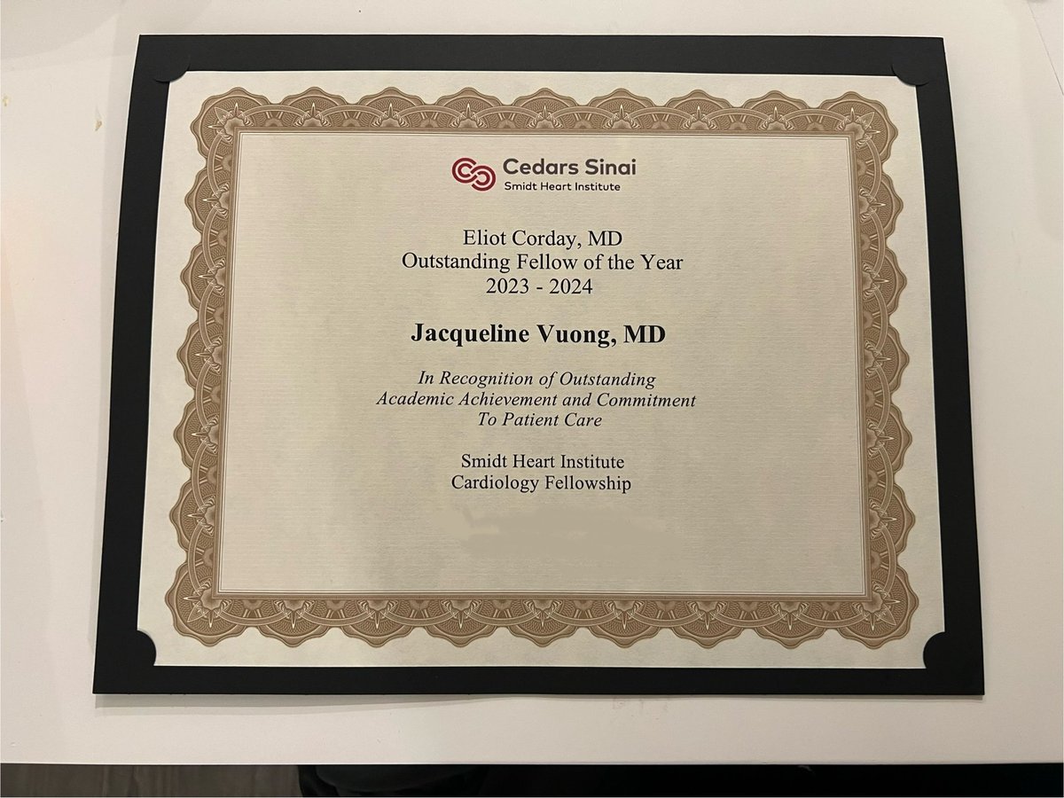 Honored to receive the Eliot Corday Outstanding Fellow of the Year Award along w/the great <a href="/RishiKTrivedi/">Rishi K Trivedi, MD PhD</a>! So grateful everyday to train at <a href="/CedarsCards/">Cedars-Sinai Cardiology Fellowship</a> <a href="/SmidtHeart/">Smidt Heart Institute at Cedars-Sinai</a>.Thanks to <a href="/JanetWeiMD/">Janet Wei MD</a> <a href="/jgoldhaber/">Joshua Goldhaber, MD</a> &amp; all our faculty for this honor &amp; an amazing year. Looking forward to the next!