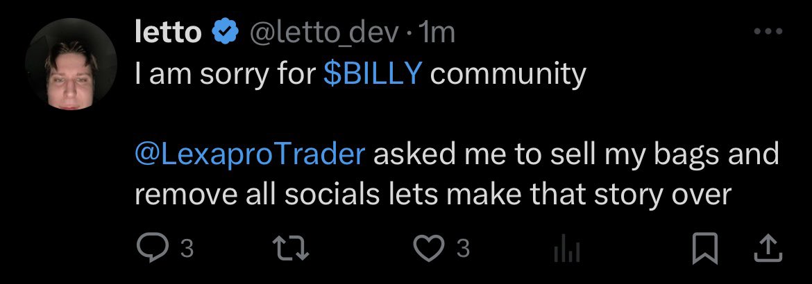 LexaproTrader's tweet photo. Been a WILD day for $BILLY which has resulted in the most bullish future imo. 

I’ve gotten a lot of DM’s so let me go through the events (LORE)

So @letto_dev launched $BILLY 

He launched it on Pumpfun, then rugged it, and did a fake CTO. 

He dumped his supply around 1 mil mc, and right after- a lot of big names got behind it, binance responded to a raid, and it flew to 70 mil. 

The next day, Letto launches a new token $HOLDY and tries to get everyone to rotate from $BILLY to $HOLDY 

So these guys were harming $BILLY and I called them out. A lot of people got mad at me, but ultimately $HOLDY nuked and $BILLY recovered and sent on its next leg. 

Throughout this entire time these guys were holding the socials hostage, deleting stuff, banning people, making threats, causing chaos, etc. 

So again today, these guys launch $CELEBY and run the same playbook “hey guys it’s another $BILLY team CTO”.  

$BILLY chart is again affected, people fudding- it looks bearish af. I again call them out. Letto comes in my comments and threatens to delete the socials for $BILLY unless I apologize. I ignored him and he deleted the socials. 

Thus the community came together and overcame this grifter in a matter of a few hours. A new TG was formed, new Twitter, new website, new team chat, DEX update, everyone played their part. So many incredible people stepped up and supported and are continuing to support. It’s been wild. 

Letto and his cronies provided no value to begin with asides from making a Twitter/tg- so it was basically just the real community leaders reestablishing everything. 

And as if to make the events of the day even more poetic, the dev spitefully shared the private key to the deployer on Twitter- and 2 rugs were launched back to back right after these events.

Ironically this trial by fire has only strengthened $BILLY tenfold and has established its lore as the next blue chip imo 

The bad actors have been purged, the true believers have stepped forward, and the people see the vision. 

I can fully see $WIF being the next $DOGE - and $BILLY being the next $SHIB

I know myself and the community will do everything in our power to manifest that. Love you all. 

$BILLY to a billi