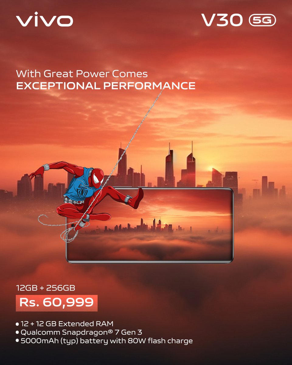 Just like Spidey swinging through the city, vivo V30 5G's 𝐒𝐧𝐚𝐩𝐝𝐫𝐚𝐠𝐨𝐧 𝟕 𝐆𝐞𝐧 𝟑 processor and 𝟏𝟐 𝐆𝐁 𝐨𝐟 𝐑𝐀𝐌 deliver smooth, responsive performance for all your daily tasks and adventures.
𝐓𝐡𝐞 𝐩𝐨𝐰𝐞𝐫 𝐢𝐬 𝐢𝐧 𝐲𝐨𝐮𝐫 𝐡𝐚𝐧𝐝𝐬.