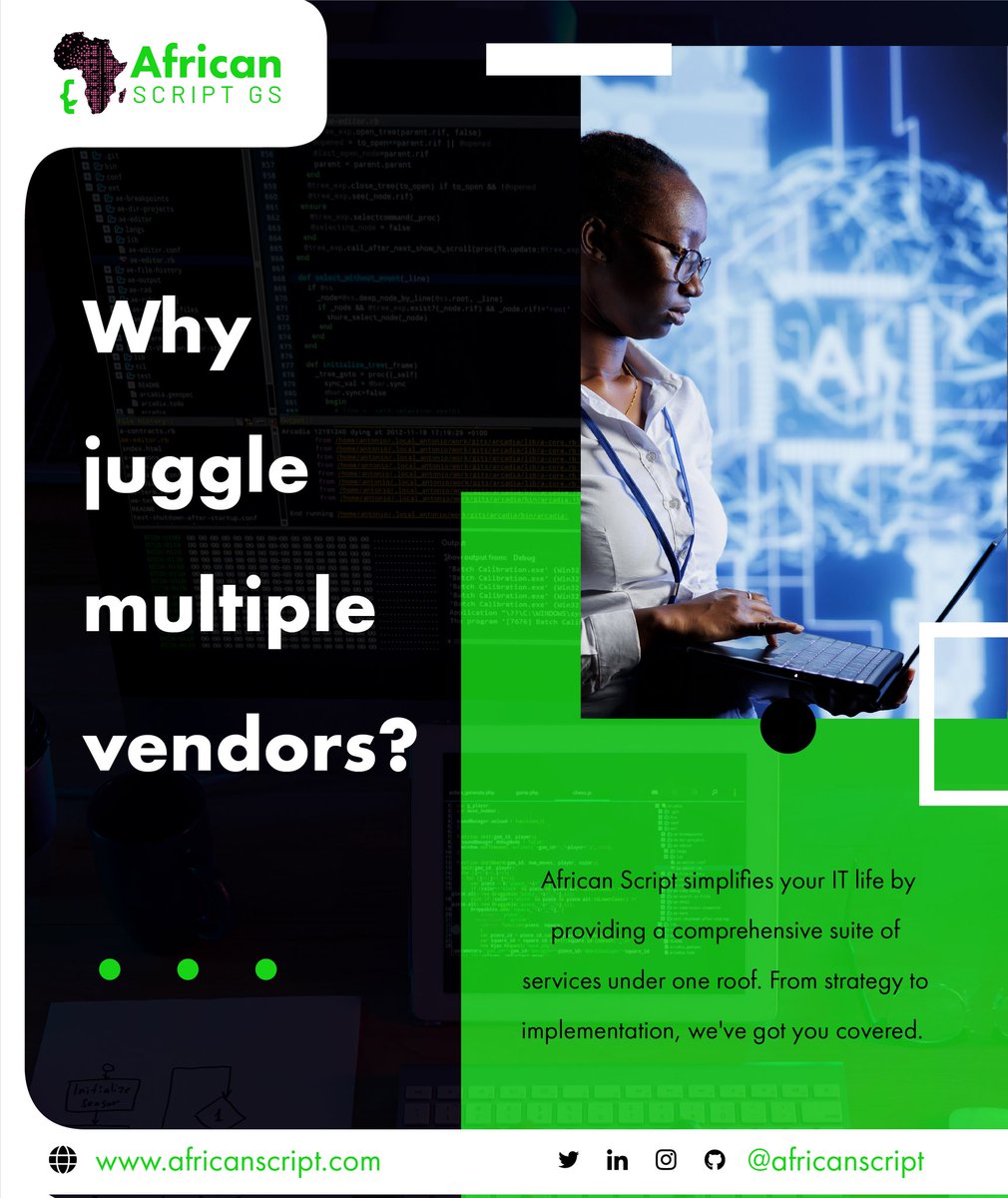 africanscript's tweet photo. African Script is your IT hero! We offer a comprehensive suite of services, from website design to system development, to keep your business running smoothly.
#AfricanScript #OneStopITShop #YourTechHero #Kenya #anonymous uganda https://t.co/Yw4Og46E42