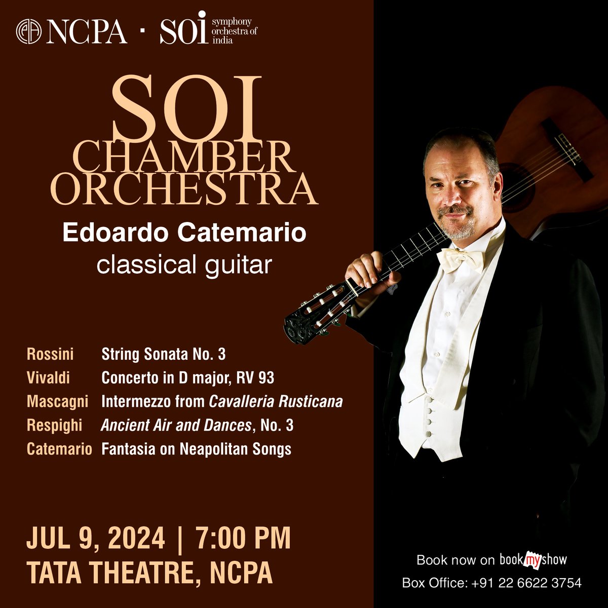 Join us as renowned guitarist Edoardo Catemario joins the musicians of the SOI to perform his Fantasia on Neapolitan Songs, alongside timeless pieces by Rossini, Vivaldi, and more.

Book now on go.ncpamumbai.com/SOIChamberOrch… 

🎫 SOI Chamber Orchestra
🗓️ Jul 9
⏰ 7:00 pm
📍 Tata Theatre
