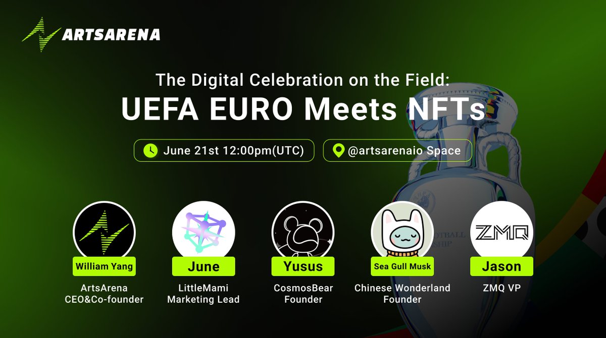 🚀Join us for a Twitter Space on "The Digital Celebration on the Field: UEFA EURO Meets NFTs⚽️"

📅Date: June 21st (Friday) Time: 8:00 PM (UTC+8)
🔗Link: x.com/i/spaces/1YpJk…
😚Guest: <a href="/ZMQuant_com/">ZMQuant</a> <a href="/FromCosmosbear/">Cosmos</a> <a href="/Littlemamilabs/">LittleMami</a> @seagullgoglobal <a href="/bitcoinmaodu/">BTCmaodu</a> 

#web3