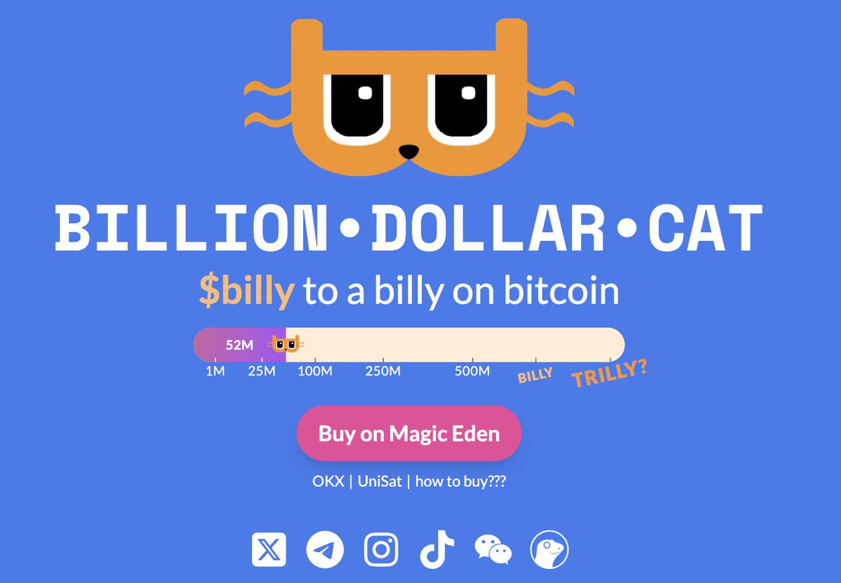 1/ BILLION•DOLLAR•CAT @billydollarcat  是最近一段时间非常火热的符文MEME，形象是一只戴着眼镜的小猫🐱。这个眼镜使用了#BTC 的橙色，竖过来看就是#