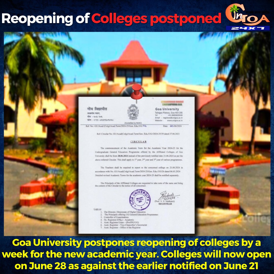 InGoa24x7's tweet image. Goa University postpones reopening of colleges by a week for the new academic year. Colleges will now open on June 28 as against the earlier notified on June 21

#Goa #GoaNews #reopening #colleges #postponed