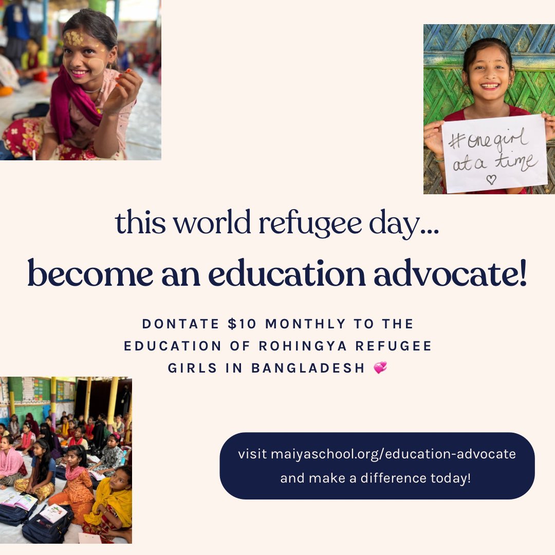 ✏️📕 Become a Maiya School Education Advocate! 

By donating $10, you can make a meaningful impact on the lives of refugee girls at Maiya School, located in the Kutupalong Refugee Camp in Bangladesh, the largest refugee camp in the world. 

🔗maiyaschool.org/education-advo…