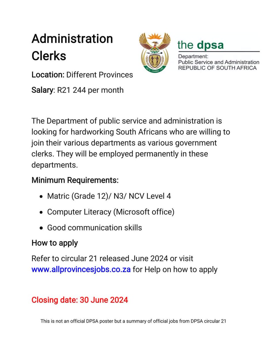 CarolBoitumelo1's tweet image. (NEW) Government Administration Clerks (June 2024)

Salary: R21 000 per month 

NO EXPERIENCE NEEDED

Requirements: Grade 12, N3, NCV level 4

Location: Different provinces in South Africa 

Click below to download form and apply 

allprovincesjobs.co.za

Closing date: 30 June…