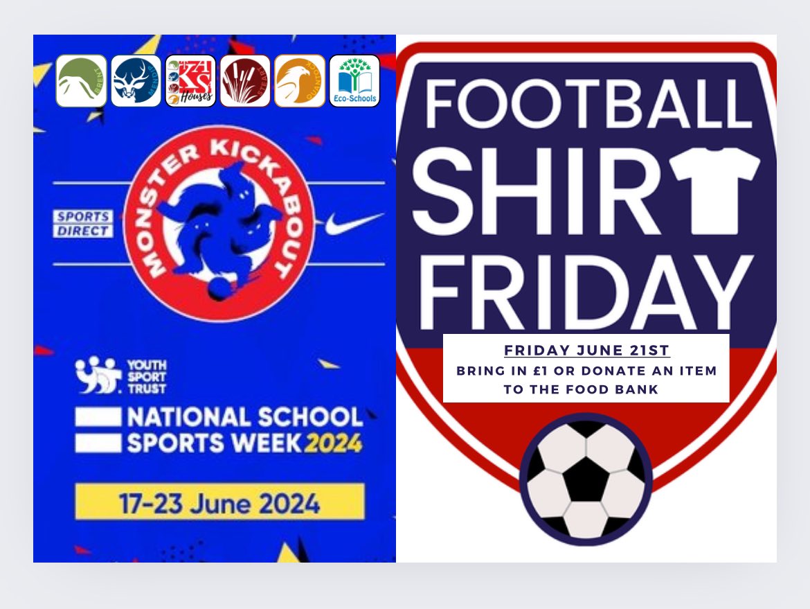 TKASA PE (@tkasa_pe) on Twitter photo #FootballShirtFriday
<a href="/YouthSportTrust/">Youth Sport Trust</a> #NSSW
Please remember it is FULL UNIFORM other than your Football Shirt.
£1 to <a href="/BobbyMooreFund/">Bobby Moore Fund</a> or an item for the @TrussellTrust Foodbank #FootballShirtFriday
<a href="/YouthSportTrust/">Youth Sport Trust</a> #NSSW
Please remember it is FULL UNIFORM other than your Football Shirt.
£1 to <a href="/BobbyMooreFund/">Bobby Moore Fund</a> or an item for the @TrussellTrust Foodbank