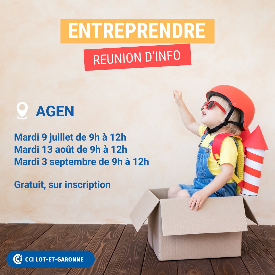 [CRÉATION/REPRISE]
🚀 Vous souhaitez créer ou reprendre une entreprise ?
👉 La réunion d'information de la #CCI47 est faite pour vous !

Inscription en ligne : swll.to/ZdCCTJh

#creationentreprise #RepriseEntreprise