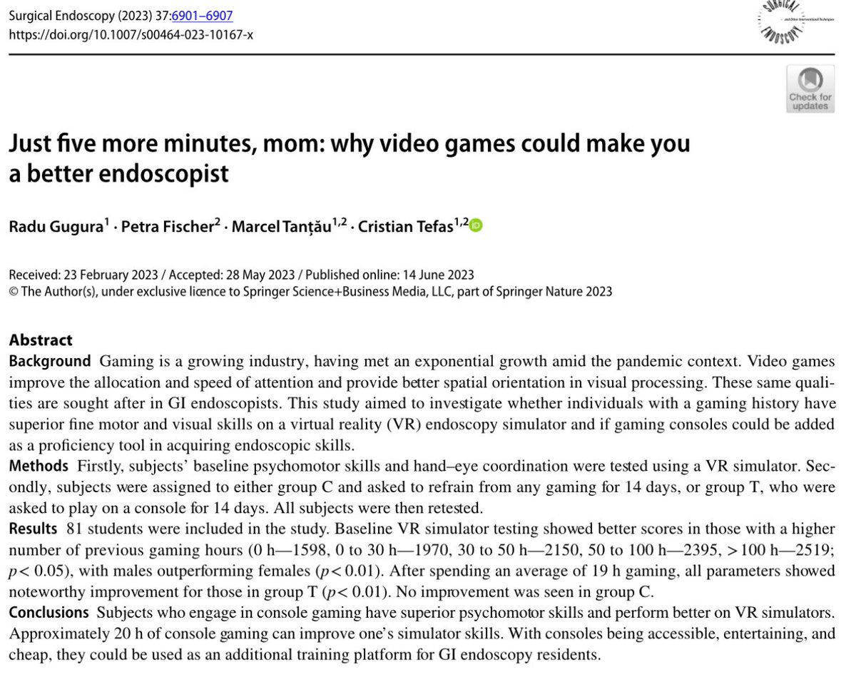 Playing video games could enhance endoscopy skills, but a minimum of 20 hours are required 😁🎮🕹️