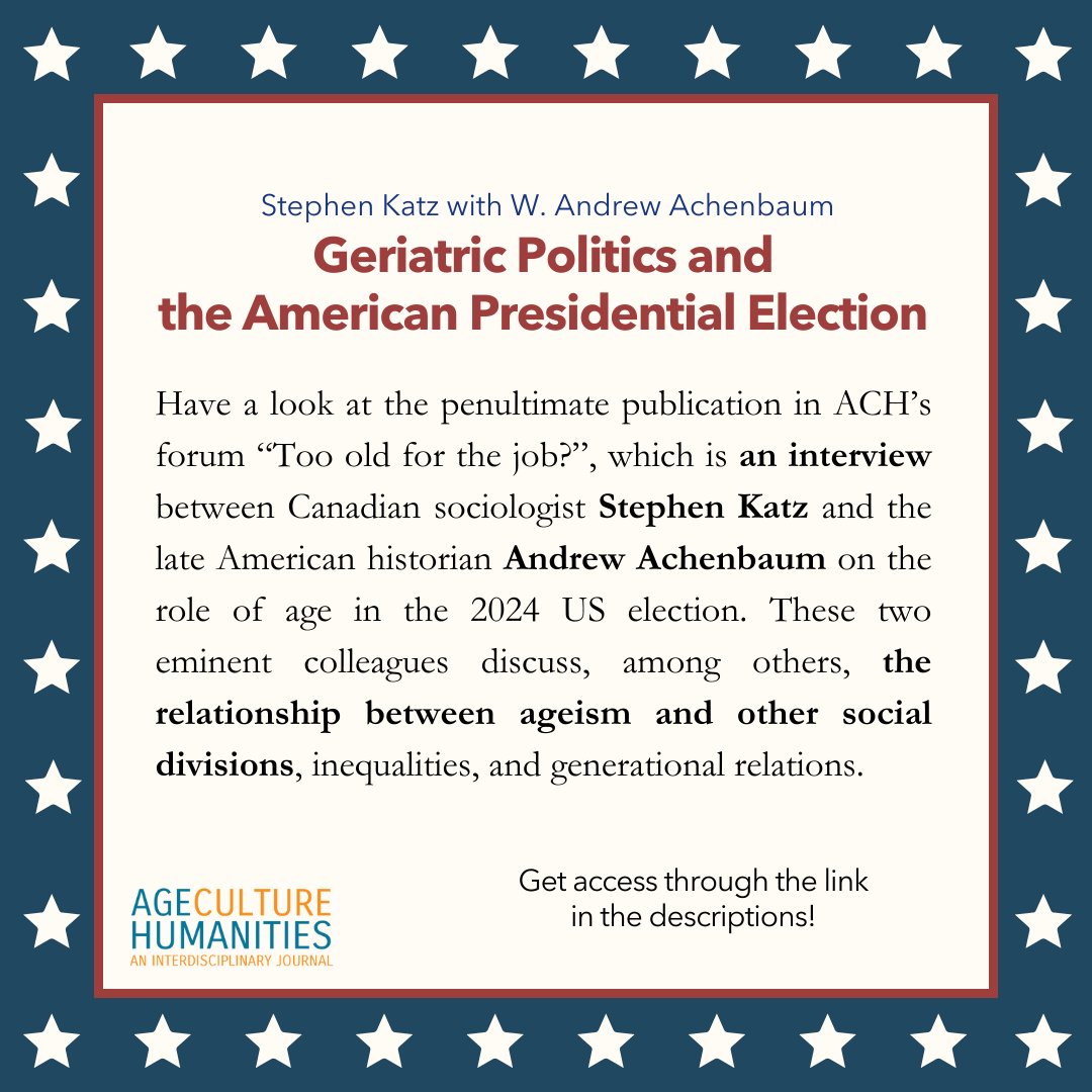 New article alert! ‼️

Check this interview between Stephen Katz and W. Andrew Achenbaum, entitled "Geriatric Politics and the American Presidential Election" in the following link:➡️tidsskrift.dk/ageculturehuma…

#agingstudies #ageculturehumanities #geriatric #americanelections #aging