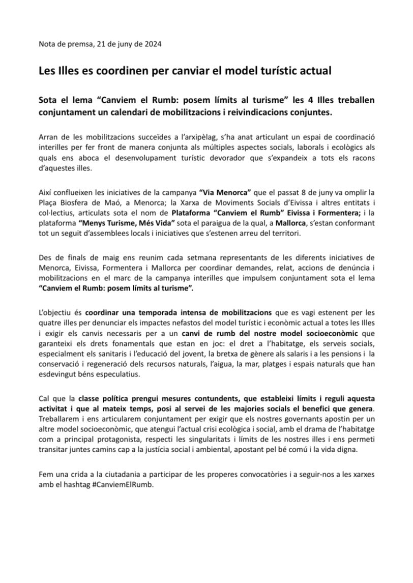 Les 4 illes ens coordinem sota el lema #CanviemElRumb i preparam una temporada intensa de mobilitzacions.

Fem una crida a la ciutadania a participar de les pròximes convocatòries i a seguir-nos a les xarxes

#MenysTurismeMésVida #PosemLímitsAlTurisme