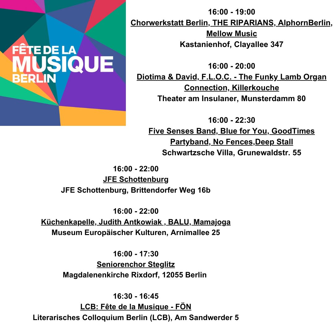 Heute! Auch in #Steglitz-#Zehlendorf,
umsonst &amp; draußen! Fête de la Musique - Berlin #fetedelamusique (Textversion für Blinde/Sehbehinderte und mehr Details: kulturinsz.de/cms/aktuelles/… ) #fetedelamusique