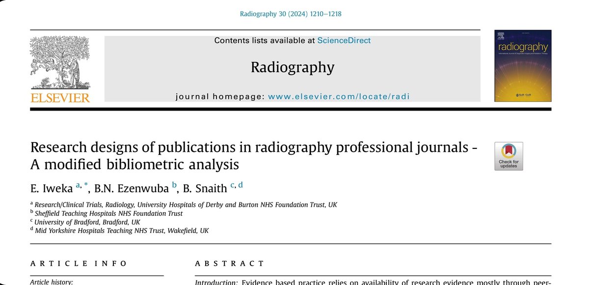 ResearchRadEdozie (@edozieiweka) on Twitter photo New publication in <a href="/RadiographyJour/">Radiography Journal</a>, exploring through bibliometric analysis, the research designs prevalent in Radiography focused journals. Thanks to an amazing team who made this a success, especially <a href="/MYradres/">Prof Bev Snaith</a>, whose previous work inspired this. <a href="/SCoRMembers/">SCoR Members</a> <a href="/UHDBTrust/">University Hospitals of Derby and Burton NHS FT</a> New publication in <a href="/RadiographyJour/">Radiography Journal</a>, exploring through bibliometric analysis, the research designs prevalent in Radiography focused journals. Thanks to an amazing team who made this a success, especially <a href="/MYradres/">Prof Bev Snaith</a>, whose previous work inspired this. <a href="/SCoRMembers/">SCoR Members</a> <a href="/UHDBTrust/">University Hospitals of Derby and Burton NHS FT</a>