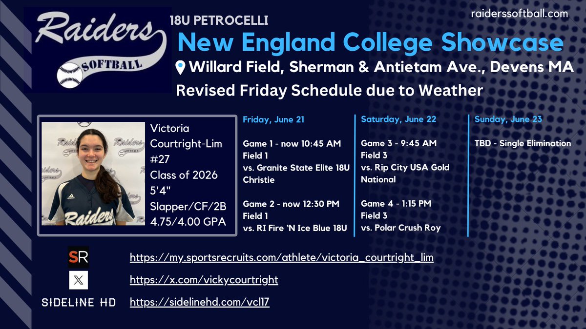 Victoria Courtright 2026 (@vickycourtright) on Twitter photo 🚨Schedule update - game times pushed back an hour due to weather
NE College Showcase
<a href="/raiderssbma/">Raiders Softball MA</a>
<a href="/planetfastpitch/">Planet Fastpitch</a> <a href="/WellesleySball/">Wellesley Softball</a> <a href="/mitsoftball/">MIT Softball</a> <a href="/AmherstSoftball/">Amherst Softball</a> <a href="/TuftsSoftball/">Tufts Softball</a> 🚨Schedule update - game times pushed back an hour due to weather
NE College Showcase
<a href="/raiderssbma/">Raiders Softball MA</a>
<a href="/planetfastpitch/">Planet Fastpitch</a> <a href="/WellesleySball/">Wellesley Softball</a> <a href="/mitsoftball/">MIT Softball</a> <a href="/AmherstSoftball/">Amherst Softball</a> <a href="/TuftsSoftball/">Tufts Softball</a>