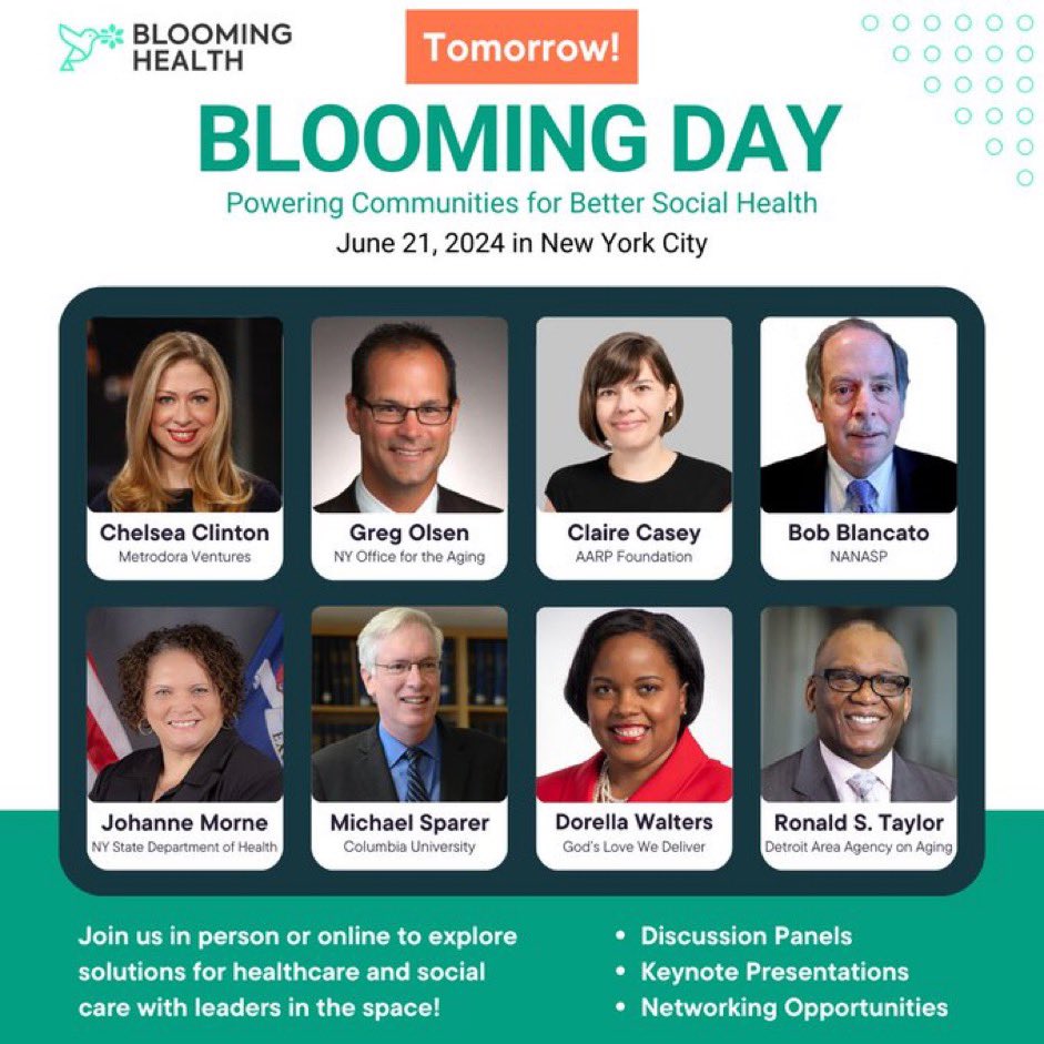 Congrats to <a href="/GoBlooming/">Blooming Health</a> for their inaugural Blooming Day in NYC! 

Amazing lineup of speakers &amp; leaders across the HealthTech &amp; Aging Care industries + more. 

Proud investor, supporter &amp; friend 👊🏽 

cc <a href="/NimaRoohiS/">Nima 🌎</a>