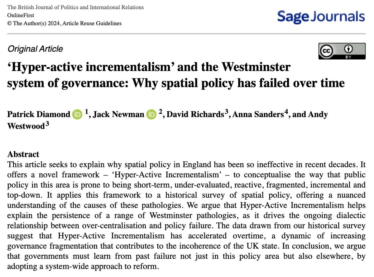 Jack Newman (On Bluesky: jacknewman.bsky.social) (@jacknewmanhe) on Twitter photo 🆕New Paper with <a href="/PatrickDiamond1/">Patrick Diamond</a> <a href="/profdrichards/">Prof. Dave Richards</a> <a href="/AnnaKSanders/">Anna Sanders</a> @AndyWWestwood
Why has Westminster failed to tackle spatial inequality?
Hyper-active incrementalism: policy is short-term, under-evaluated, reactive, fragmented, incramental, & top-down.
doi.org/10.1177/136914… 🆕New Paper with <a href="/PatrickDiamond1/">Patrick Diamond</a> <a href="/profdrichards/">Prof. Dave Richards</a> <a href="/AnnaKSanders/">Anna Sanders</a> @AndyWWestwood
Why has Westminster failed to tackle spatial inequality?
Hyper-active incrementalism: policy is short-term, under-evaluated, reactive, fragmented, incramental, & top-down.
doi.org/10.1177/136914…
