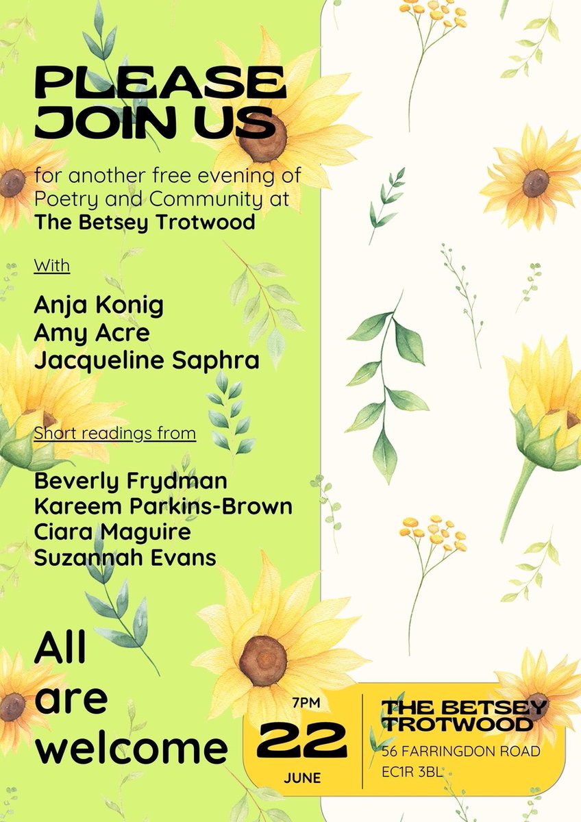 Amy Acre (@amyacrepoet) on Twitter photo <a href="/RoundhouseLDN/">Roundhouse</a> @ParkinsBrown @suzannahevans <a href="/_oliviadouglass/">Olivia Douglass</a> <a href="/slowfaults/">Ciara</a> <a href="/littlebettybbp/">Little Betty</a> @citytwarbler <a href="/JakeWildHall/">Jake Wild-Acre Hall</a> And I'll be reading at a pre-launch celebration at <a href="/the_betsey/">The Betsey Trotwood</a> tomorrow night, with poetry idols @jsaphra @citytwarbler, Beverly Frydman and no less than 3 Little Betties 🌻 <a href="/RoundhouseLDN/">Roundhouse</a> @ParkinsBrown @suzannahevans <a href="/_oliviadouglass/">Olivia Douglass</a> <a href="/slowfaults/">Ciara</a> <a href="/littlebettybbp/">Little Betty</a> @citytwarbler <a href="/JakeWildHall/">Jake Wild-Acre Hall</a> And I'll be reading at a pre-launch celebration at <a href="/the_betsey/">The Betsey Trotwood</a> tomorrow night, with poetry idols @jsaphra @citytwarbler, Beverly Frydman and no less than 3 Little Betties 🌻