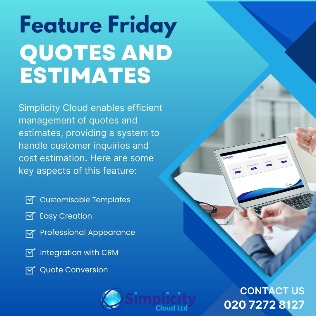 Simplicity4Bus's tweet image. 🌐 Feature Friday: Quotes and Estimates🌐
Simplicity enables efficient management of quotes and estimates, providing a system to handle customer inquiries and cost estimation. 💻✨ Contact us sales@simplicity4business.com or call 020 7272 8127. #FeatureFriday #SimplicityCloud
