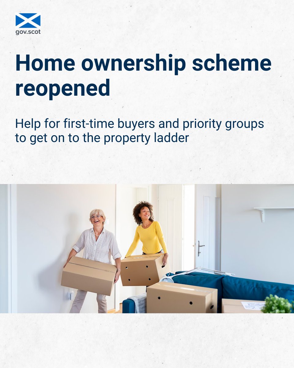 The Open Market Shared Equity scheme has reopened for applications.  
 
It will help first time buyers and certain priority groups step on to the property ladder. 
 
More information➡️ gov.scot/news/home-owne…