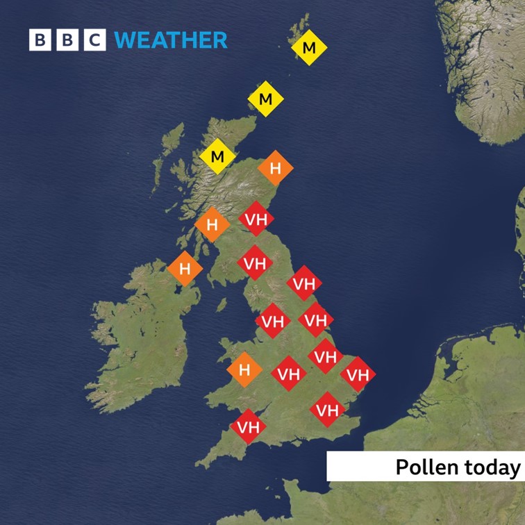 Hay fever sufferers beware... 

If your symptoms were bad yesterday, you'll probably experience similar today with very high levels of grass pollen forecast again

More here bbc.in/4bbQSjy