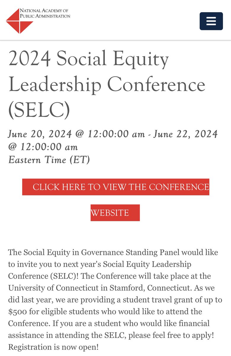 We look forward to the 2024 Social Equity Leadership Conference at <a href="/UConn/">UConn</a> today! The 2024 #SELC focuses on helping public administration practitioners achieve #diversity , #equity , #inclusion , #SELC and access in an increasingly divided world.