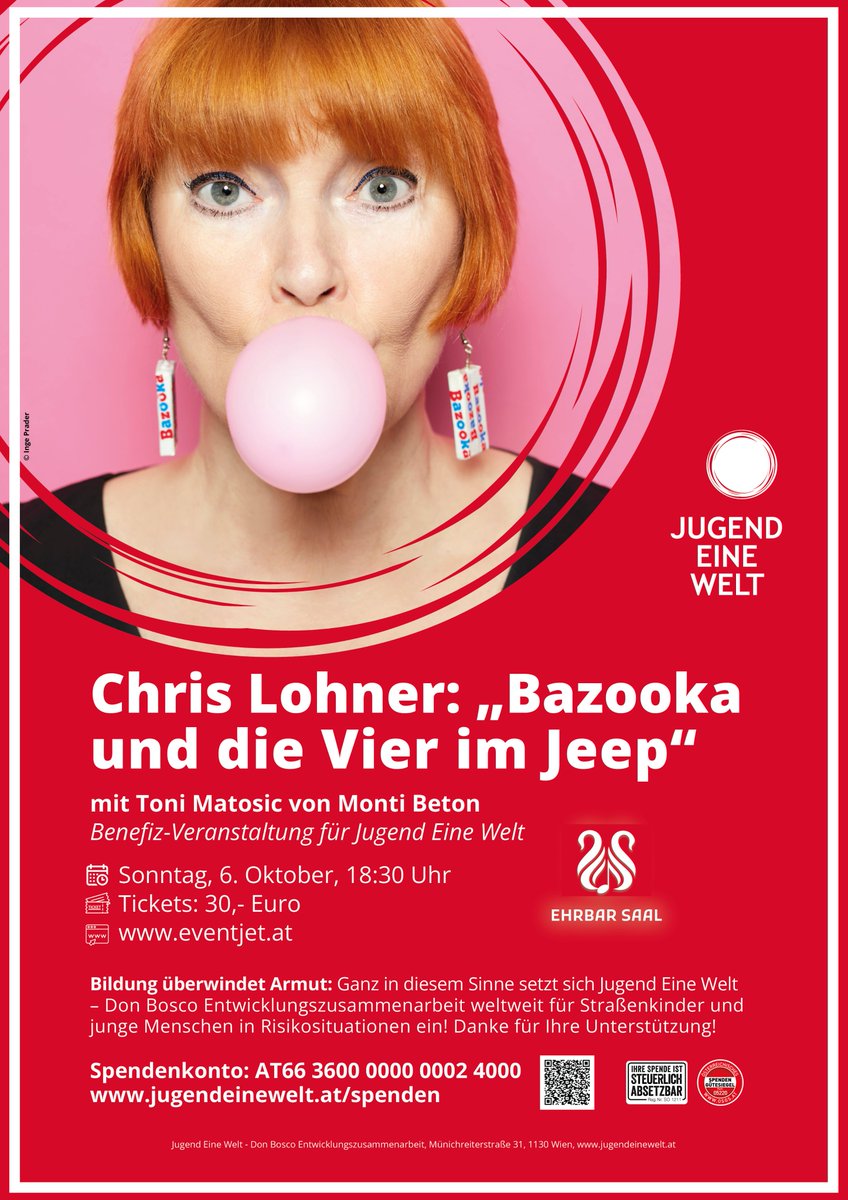 #Benefiz-Veranstaltung mit #ChrisLohner
Unsere ehrenamtliche Botschafterin spielt am  6.10.2024 im Wiener Ehrbar Saal ihr Erfolgsprogramm "Bazooka und die Vier im Jeep" zugunsten von #JugendEineWelt!

Eintrittskarten: events.eventjet.at/e/benefiz-even…

#Wien #Veranstaltung