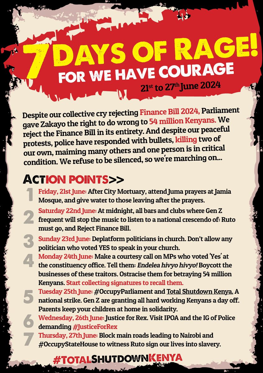 Despite our collective cry rejecting Finance Bill 2024, Parliament gave Zakayo the right to do wrong to 54 million Kenyans. We reject the Finance Bill in its entirety. And despite our peaceful protests, police have responded with bullets, killing two of our own, maiming many