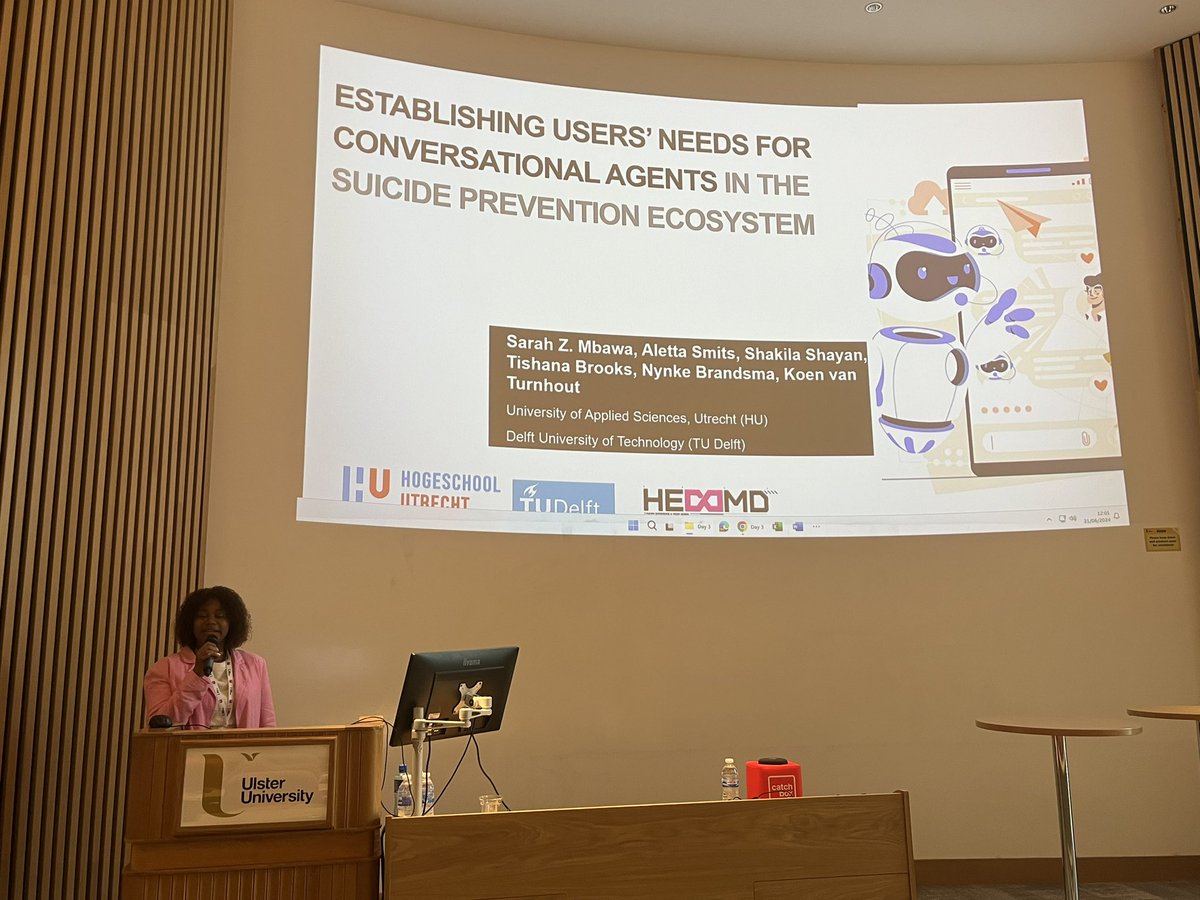 The last talk in the Conversational interfaces for mental health session is “Establishing User Needs for Conversational Agents in the Suicide Prevention Ecosystem”, presented by Sarah Z. Mbawa #UlsterDMHW2024