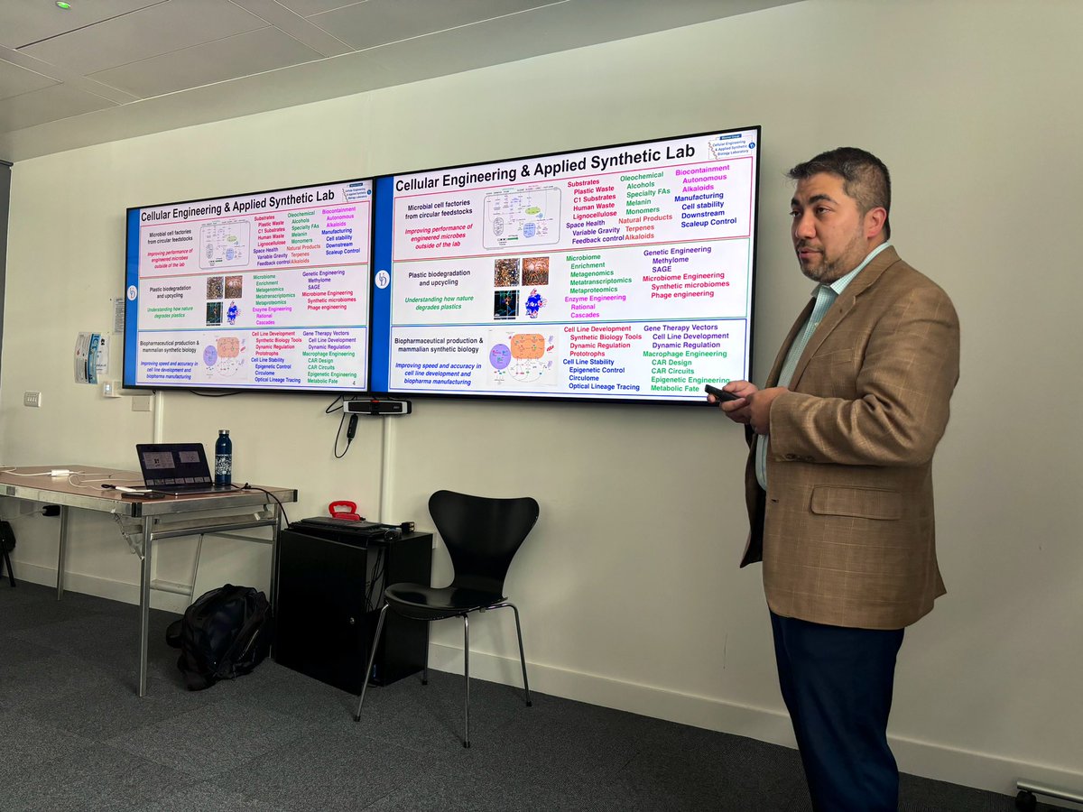Exciting to have <a href="/MarkBlenner/">Mark Blenner 🏳️‍🌈🇺🇦🧬</a> from <a href="/UDelaware/">Univ. of Delaware</a> visiting our Synthetic Biology Centre here today <a href="/imperialcollege/">Imperial College London</a> - really looking forward to his talk.