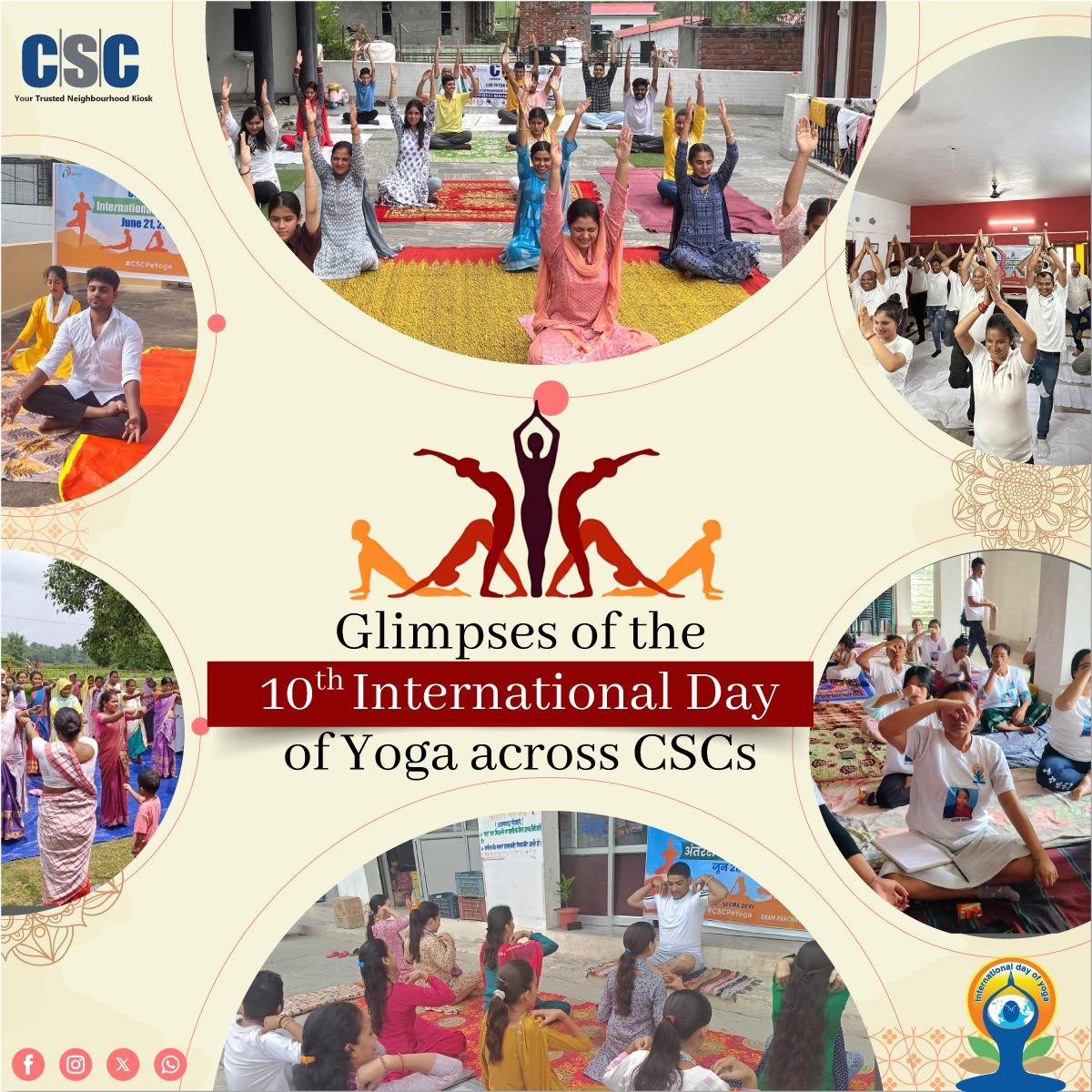 CSCegov_'s tweet image. Here are some glimpses of the 10th #InternationalDayOfYoga Celebration across CSCs...
Upload your Yoga(session/event) photographs on X using the following:
Handles: @moayush @CSCegov_ @CSCSPV_Health
Hashtags: #CSCPeYoga #CSCYogaWithFamily #YogaForSelfAndSociety #IDY2024