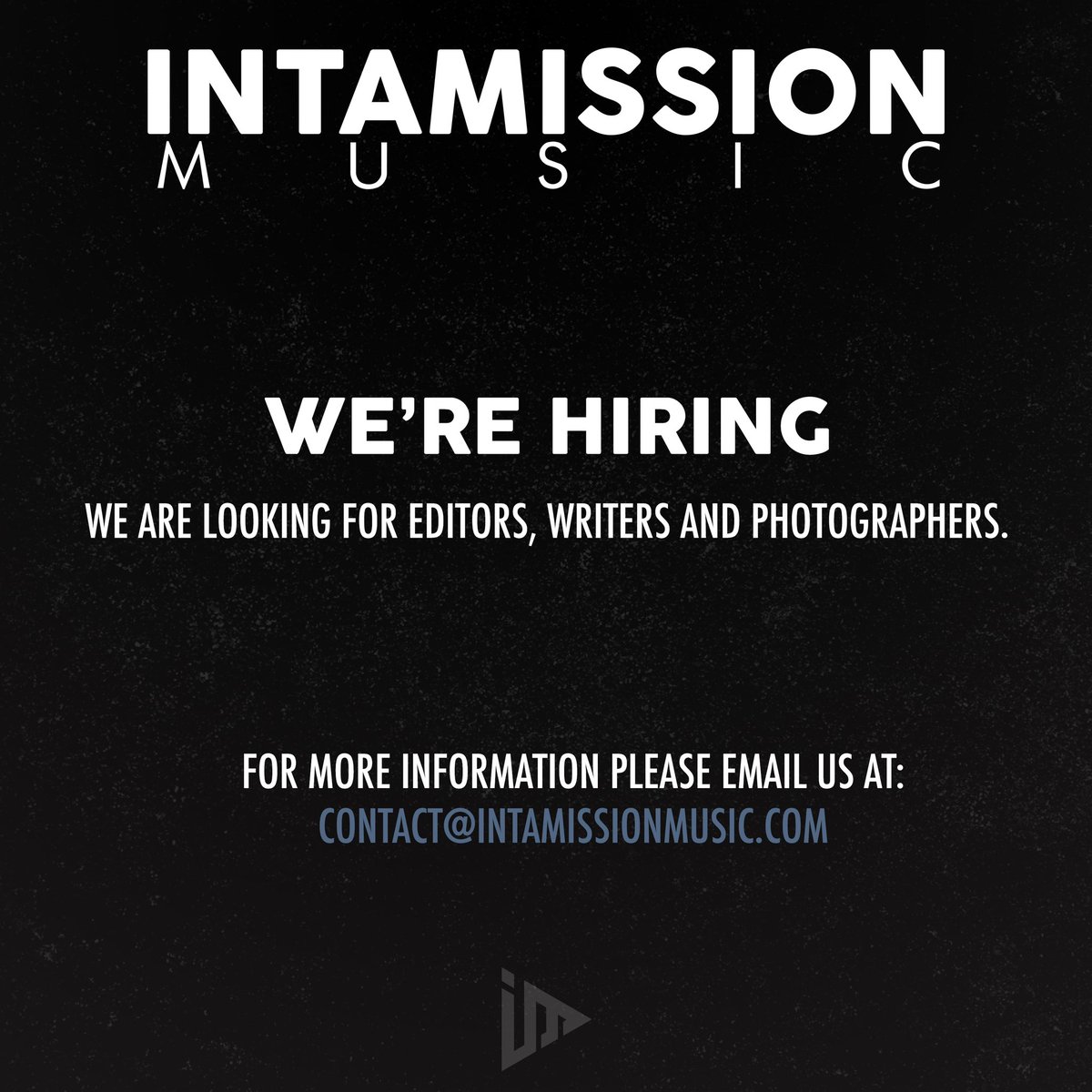 Intamission_'s tweet photo. Hey! We are looking for editors, writers and photographers. Positions are all voluntary. Message us for more info and we will be more than happy to speak more.

#music #alternative #musicmagazine #intamissionmusic #musicjobs https://t.co/mt9oHn00M7
